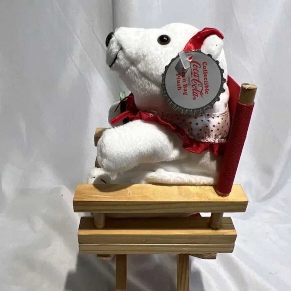 Coca Cola 1998 Polar Bear 5.5‎ Inch Plush in Wood Directors Chair Coke Bottle